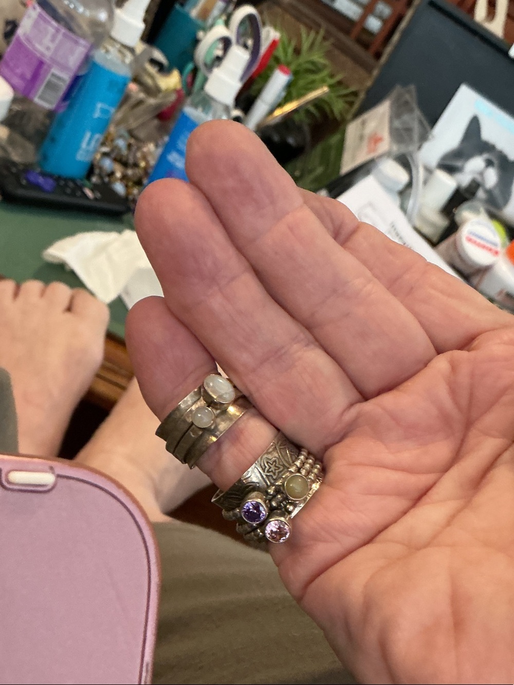 Sterling Silver Stackable Gemstone Rings - Amethyst, Pink Garnet and Moonstone